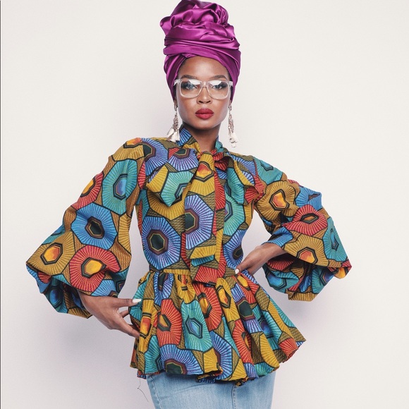 Multi-Color Handmade Bold Print Tie Neck Peplum - Picture 3 of 4